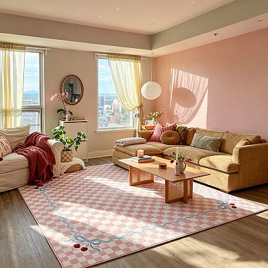 Fashionwu Cute Checkerboard Rug Cherry Bow Pattern Carpet Soft Non Slip Washable Mat Home Decor