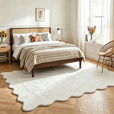 Fashionwu Minimalist Solid Rug Modern Scalloped Edge Carpet Soft Fluffy Mat Cozy Home Decor