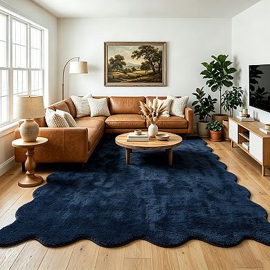 Fashionwu Minimalist Solid Rug Modern Scalloped Edge Carpet Soft Fluffy Mat Cozy Home Decor