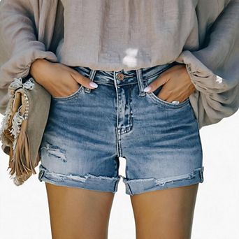 Women's Mid Rise Distressed Denim Shorts, Frayed Cuffed Hem Ripped Casual Jean Shorts with Pockets