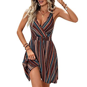 Women's Boho Striped Wrap V Neck Cami Dress Spaghetti Strap Elastic Waist Flared Mini Sundress