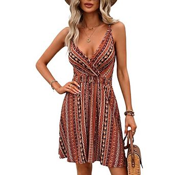 Women's Boho Striped Wrap V Neck Cami Dress Spaghetti Strap Elastic Waist Flared Mini Sundress