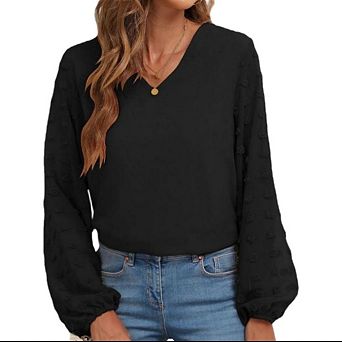 Women's Swiss Dot V Neck Blouse Long Balloon Sleeve Elegant Business Casual Work Office Top