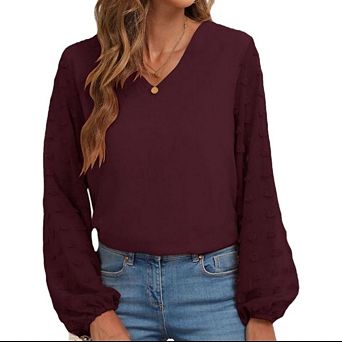 Women's Swiss Dot V Neck Blouse Long Balloon Sleeve Elegant Business Casual Work Office Top