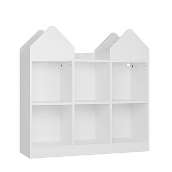 Kids Castle Cube Toy Storage Organizer, Wooden 6 Cubby Bookshelf with Anti Tip Device for Playroom