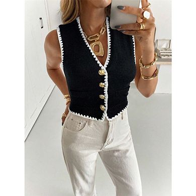 Women's Button Down Sweater Vest Square Neck Ruffled Edge, Sleeveless Knit Top Crop Top