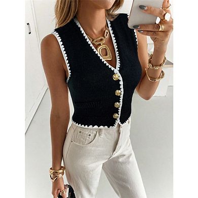 Women's Button Down Sweater Vest Square Neck Ruffled Edge, Sleeveless Knit Top Crop Top