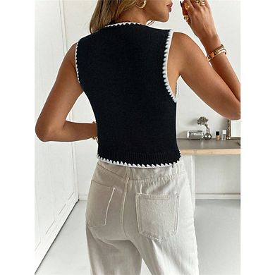 Women's Button Down Sweater Vest Square Neck Ruffled Edge, Sleeveless Knit Top Crop Top