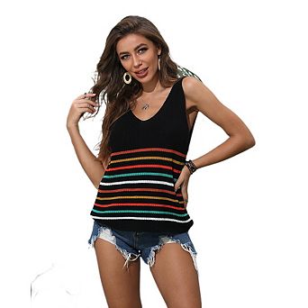 Women's Knitted V Neck Vest Striped Sleeveless Waist Cinching Top For Summer