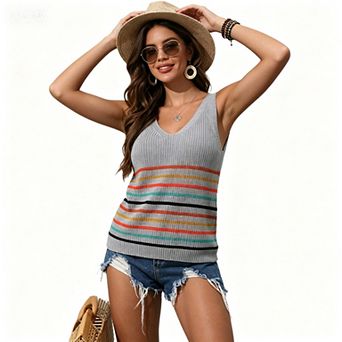 Women's Knitted V Neck Vest Striped Sleeveless Waist Cinching Top For Summer