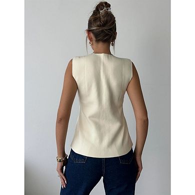 Women's Short Knit Vest V Neck Button Up Solid Color Sleeveless Knit Cardigan