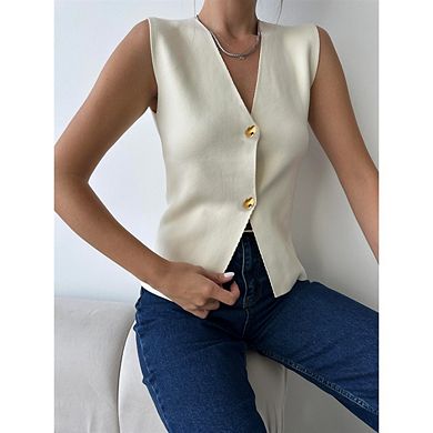 Women's Short Knit Vest V Neck Button Up Solid Color Sleeveless Knit Cardigan