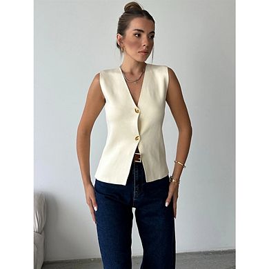 Women's Short Knit Vest V Neck Button Up Solid Color Sleeveless Knit Cardigan