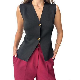 Women's Short Knit Vest V Neck Button Up Solid Color Sleeveless Knit Cardigan