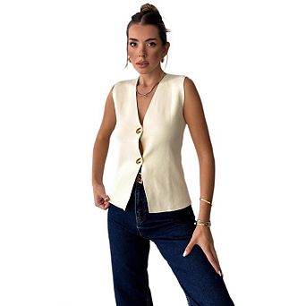 Women's Short Knit Vest V Neck Button Up Solid Color Sleeveless Knit Cardigan