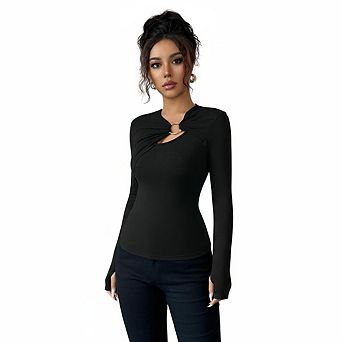 Women Twist Front Metal Ring Cutout Long Sleeve Fitted Top Slim Wrap Design Casual Going Out Blouse