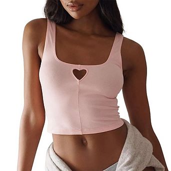 Women Square Neck Heart Cutout Ribbed Knit Cropped Tank Top Slim Fit Casual High Waist Matching Cami