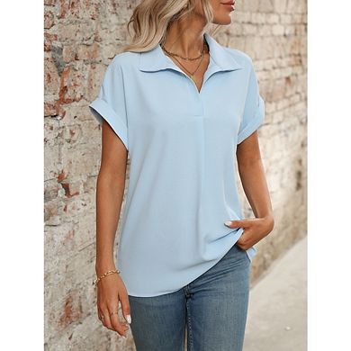 Women's V neck short sleeved drop shoulder curved hem chiffon floral pullover blouse