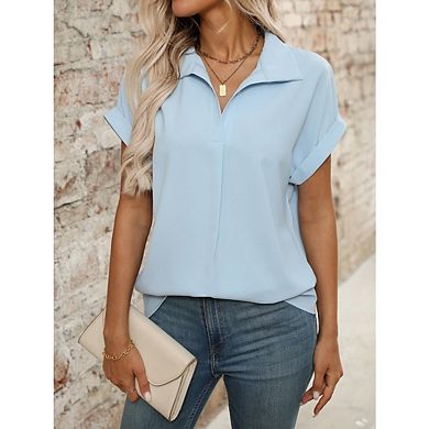 Women's V neck short sleeved drop shoulder curved hem chiffon floral pullover blouse