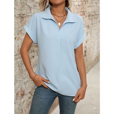 Women's V neck short sleeved drop shoulder curved hem chiffon floral pullover blouse