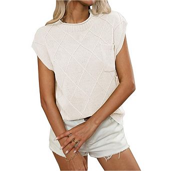 Women's Round Neck Pocket Decorated Diamond Pattern Short Sleeve Knitted Pullover Sweater