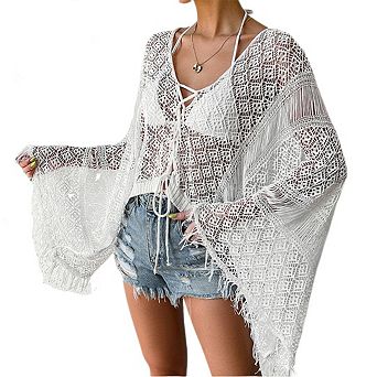 Women's Crocheted Swimsuit Cover up Cardigan Bikini Tassel Flared Sleeve Sun Protection Clothing