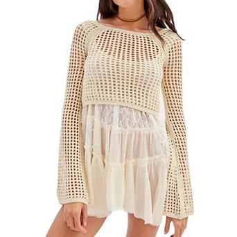 Women's Crochet Long Bell Sleeve Crop Sweater Openwork Striped Sheer Knit Beach Cover-Up Sweater