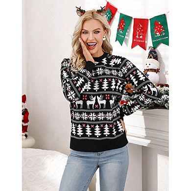 Women Christmas Tree Reindeer Snowflake Crew Neck Knit Ugly Sweater Pullover