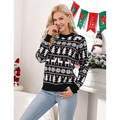 Women Christmas Tree Reindeer Snowflake Crew Neck Knit Ugly Sweater Pullover