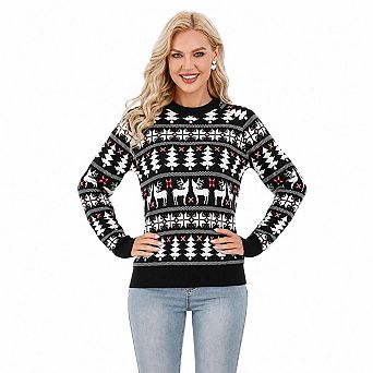 Women Christmas Tree Reindeer Snowflake Crew Neck Knit Ugly Sweater Pullover
