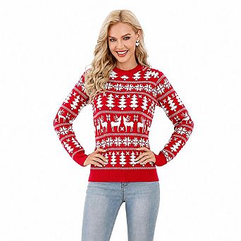 Women Christmas Tree Reindeer Snowflake Crew Neck Knit Ugly Sweater Pullover