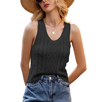 Women's Cable Knit V-Neck Sleeveless Tank Top Casual Summer Crochet Sweater Vest