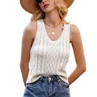 Women's Cable Knit V-Neck Sleeveless Tank Top Casual Summer Crochet Sweater Vest
