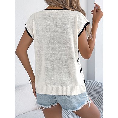 Women's Striped Cable Knit Cap Sleeve Sweater Crew Neck Casual Knit Sweater