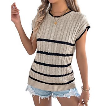 Women's Striped Cable Knit Cap Sleeve Sweater Crew Neck Casual Knit Sweater