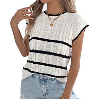 Women's Striped Cable Knit Cap Sleeve Sweater Crew Neck Casual Knit Sweater