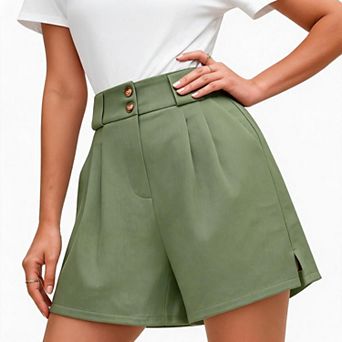 Women's High Waist Pleated Double Button Wide Leg Casual Tailored Shorts with Side Pockets