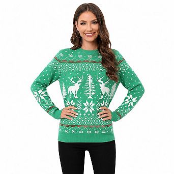 Women Christmas Reindeer Snowflake Heart Print Crew Neck Knit Sweater Long Sleeve Pullover