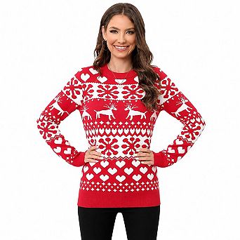 Women Christmas Reindeer Snowflake Heart Print Crew Neck Knit Sweater Long Sleeve Pullover