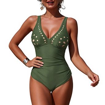 Women Cutout One Piece Swimsuit Tummy Control V Neck Bathing Suit with Back Ring Detail