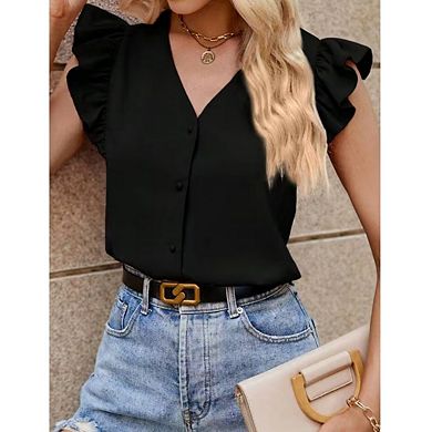 Women's V Neck Ruffle Cap Sleeve Blouse Casual Tunic Top Solid Color