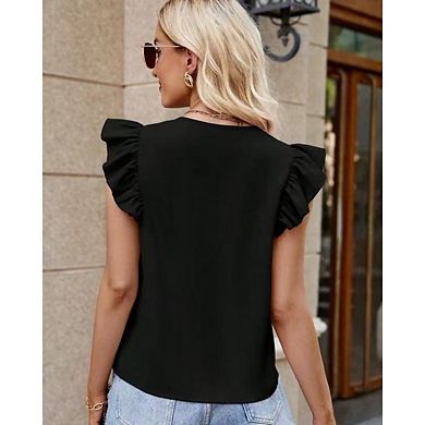 Women's V Neck Ruffle Cap Sleeve Blouse Casual Tunic Top Solid Color