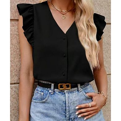 Women's V Neck Ruffle Cap Sleeve Blouse Casual Tunic Top Solid Color