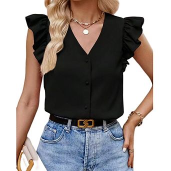 Women's V Neck Ruffle Cap Sleeve Blouse Casual Tunic Top Solid Color