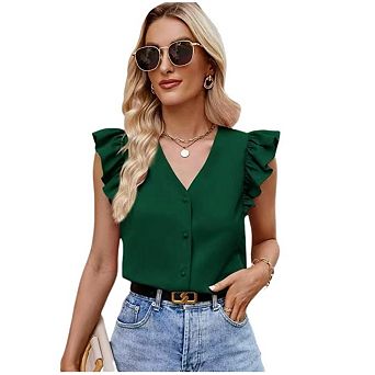 Women's V Neck Ruffle Cap Sleeve Blouse Casual Tunic Top Solid Color