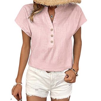 Women Loose 1/4 Button V Neck Tunic Top, Short Sleeve Casual Summer Beach Vacation Blouse Shirt