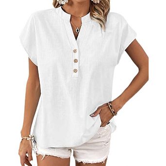 Women Loose 1/4 Button V Neck Tunic Top, Short Sleeve Casual Summer Beach Vacation Blouse Shirt