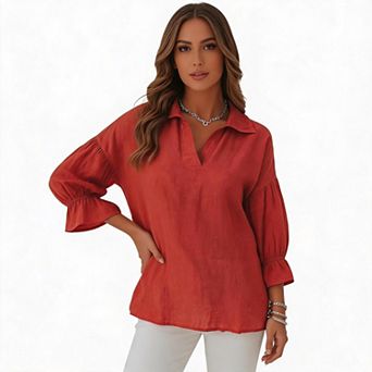 Women Loose V Neck 3/4 Sleeve Blouse, Cute Dressy Casual Everyday Shirt Top