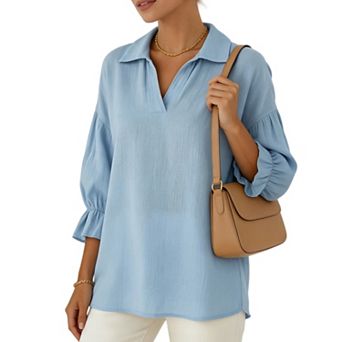 Women Loose V Neck 3/4 Sleeve Blouse, Cute Dressy Casual Everyday Shirt Top