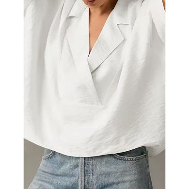 Women Solid Textured Lapel V Neck Cropped Blouse Drop Shoulder Short Sleeve Flowy Blouse